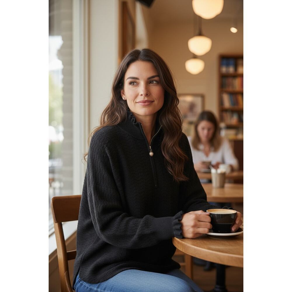 Vila Milano Black Textured Quarter Zip Sweater Small Ruffle Collar